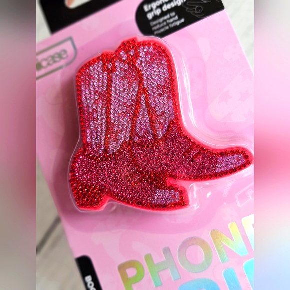 NEW Rhinestone Bling Crystals Pink & Red Cowgirl Boots Popsocket Phone Grip - Picture 4 of 7